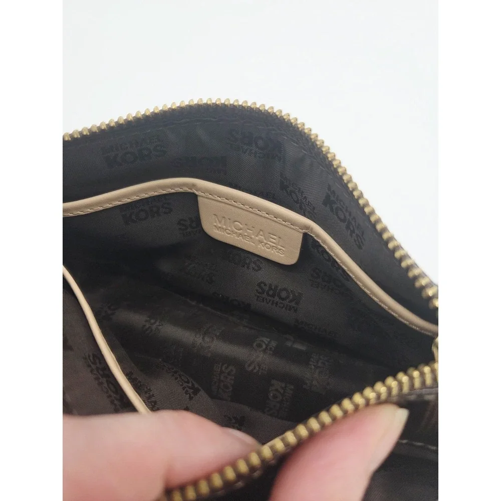 Michael Kors Glossy Brown Leather Makeup Bag Cosmetic Long Tan Monogram Logo